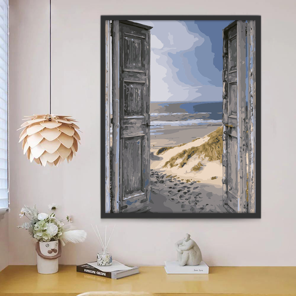 La plage à l'Extérieur de la Porte en Bois Peinture par Numéros