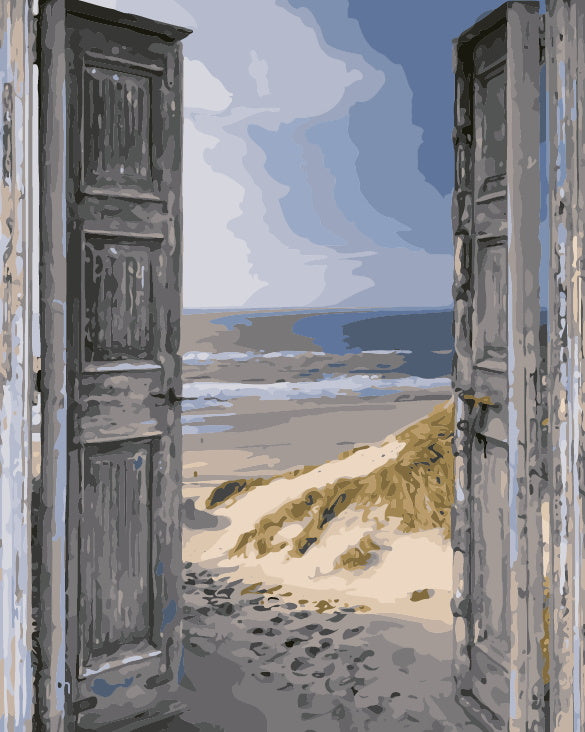 La plage à l'Extérieur de la Porte en Bois Peinture par Numéros