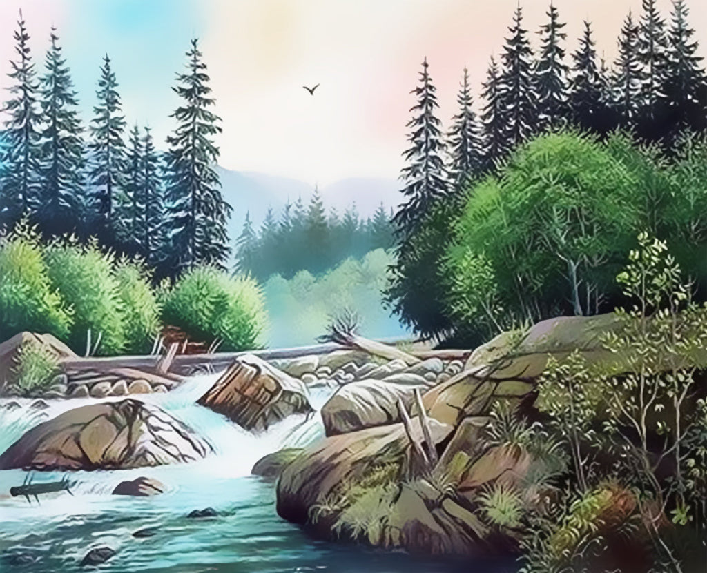 La Rivière dans la Forêt Peinture par Numéros