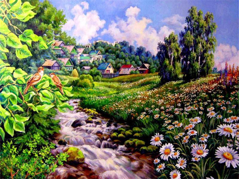La Rivière du Village au Printemps Peinture par Numéros