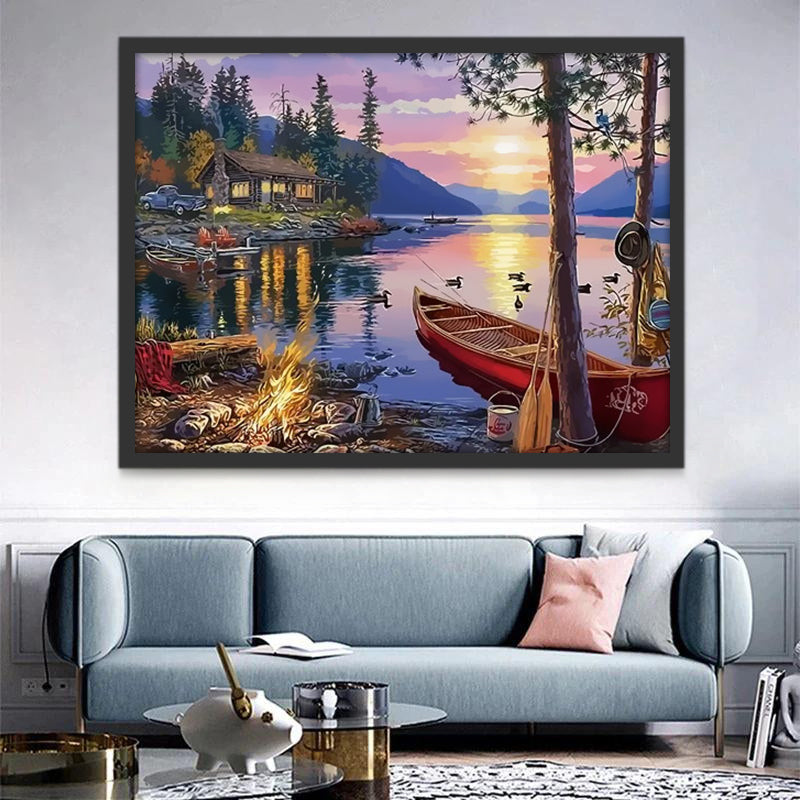 Lac en canoë Peinture par Numéros
