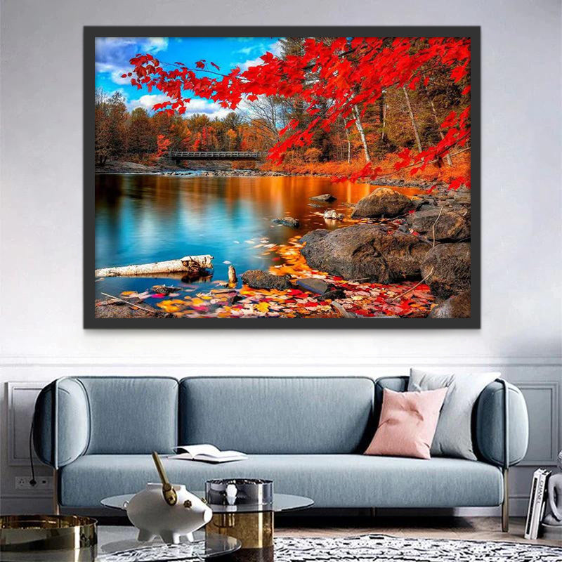 Lac et Feuilles Rouges Peinture par Numéros