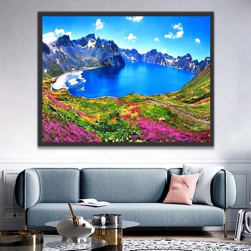 Lac et Montagnes avec des Fleurs Peinture par Numéros
