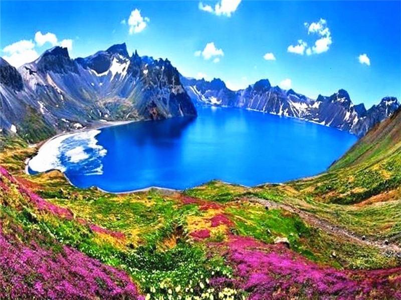 Lac et Montagnes avec des Fleurs Peinture par Numéros