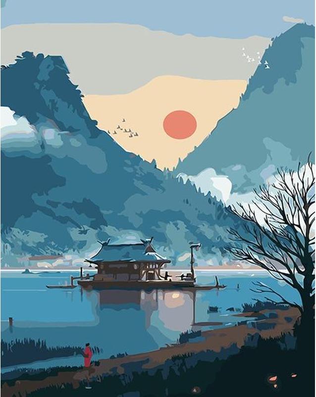 Lac, Montagne et Soleil Peinture par Numéros