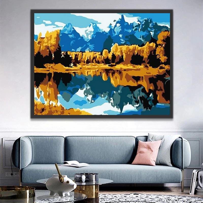 Lac Montagnes et Arbres Jaunes Peinture par Numéros