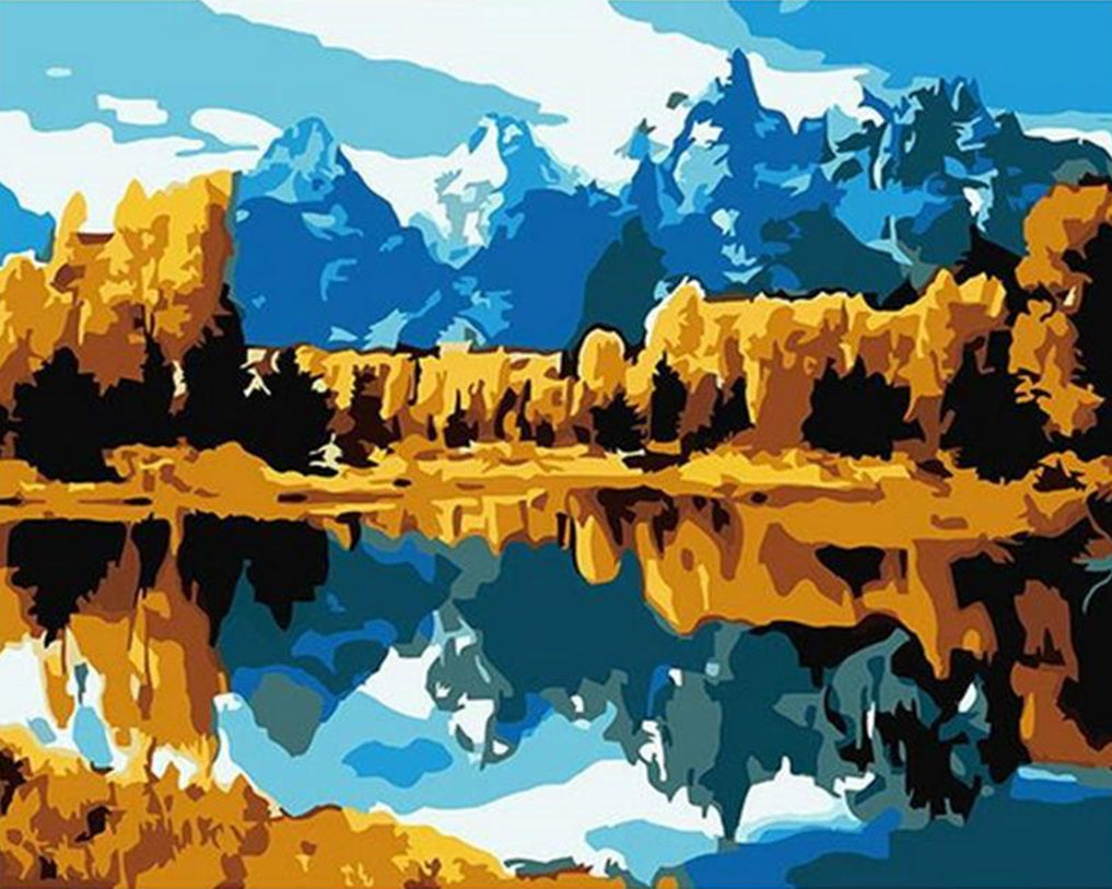 Lac Montagnes et Arbres Jaunes Peinture par Numéros