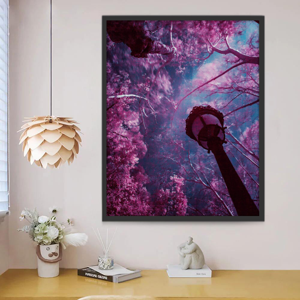 Lampe et Arbres Roses Peinture par Numéros