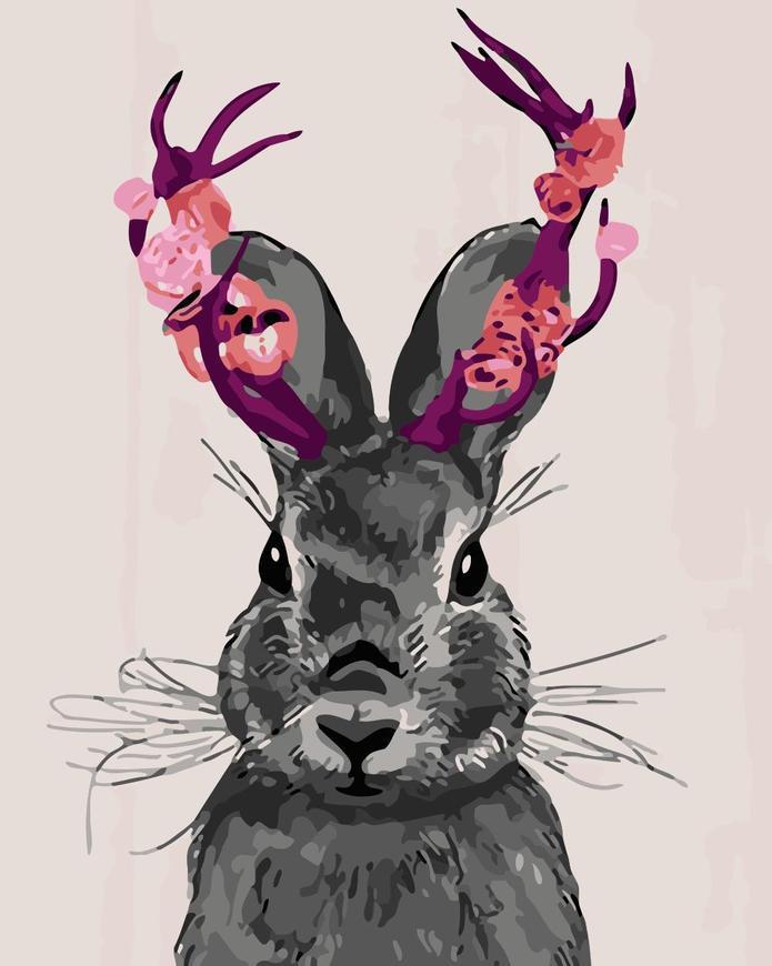 Lapin Gris et Fleurs Roses Peinture par Numéros