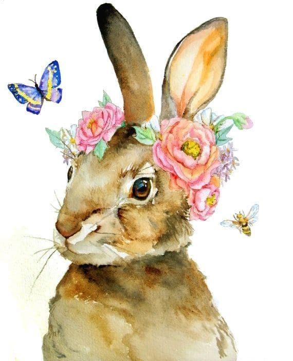 Lapin Marron avec une Couronne de Fleurs et Papillon Peinture par Numéros
