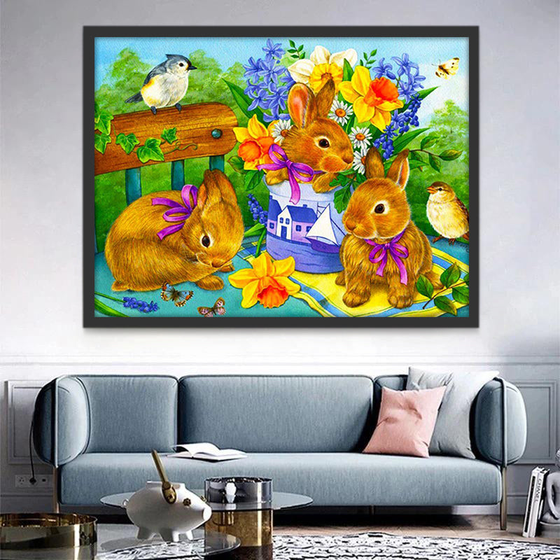 Lapins Bruns et Mésange Peinture par Numéros