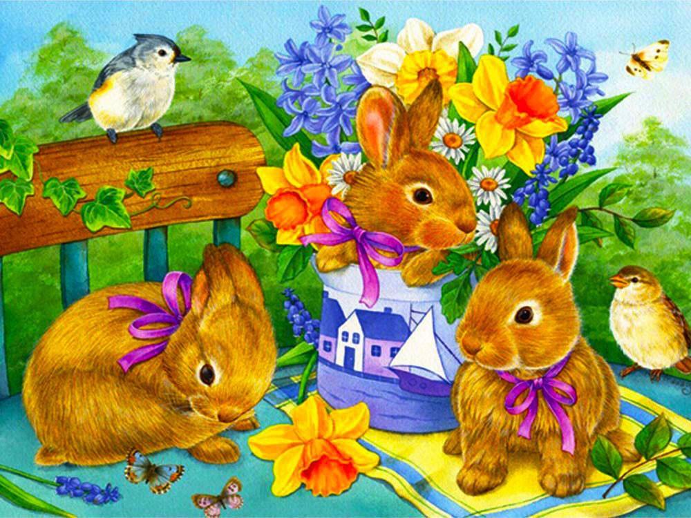 Lapins Bruns et Mésange Peinture par Numéros