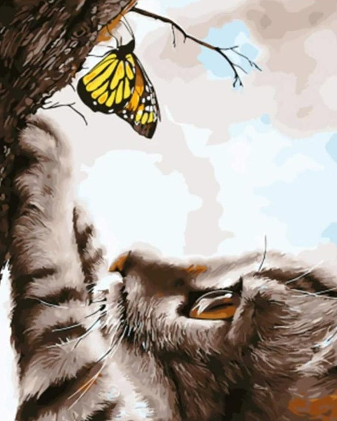 Le Chat Chassant le Papillon Peinture par Numéros