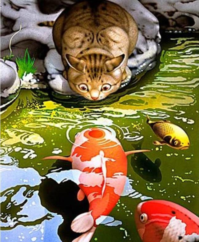 Le Gros Chat Roux et le Carpe Koi Dodu Peinture par Numéros