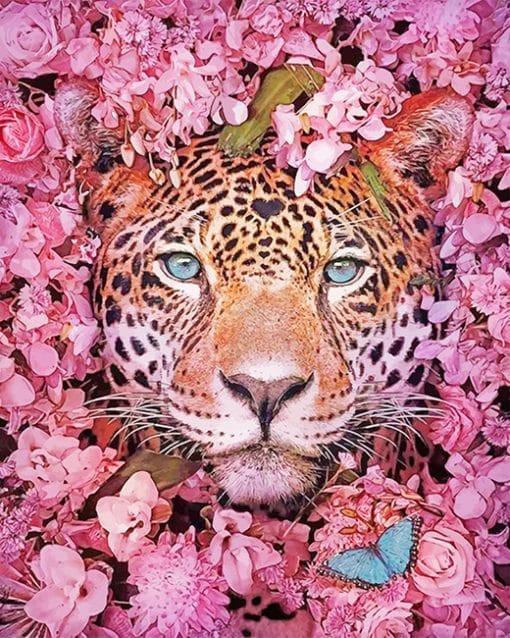 Léopard an Milieu de Fleurs Roses Peinture par Numéros