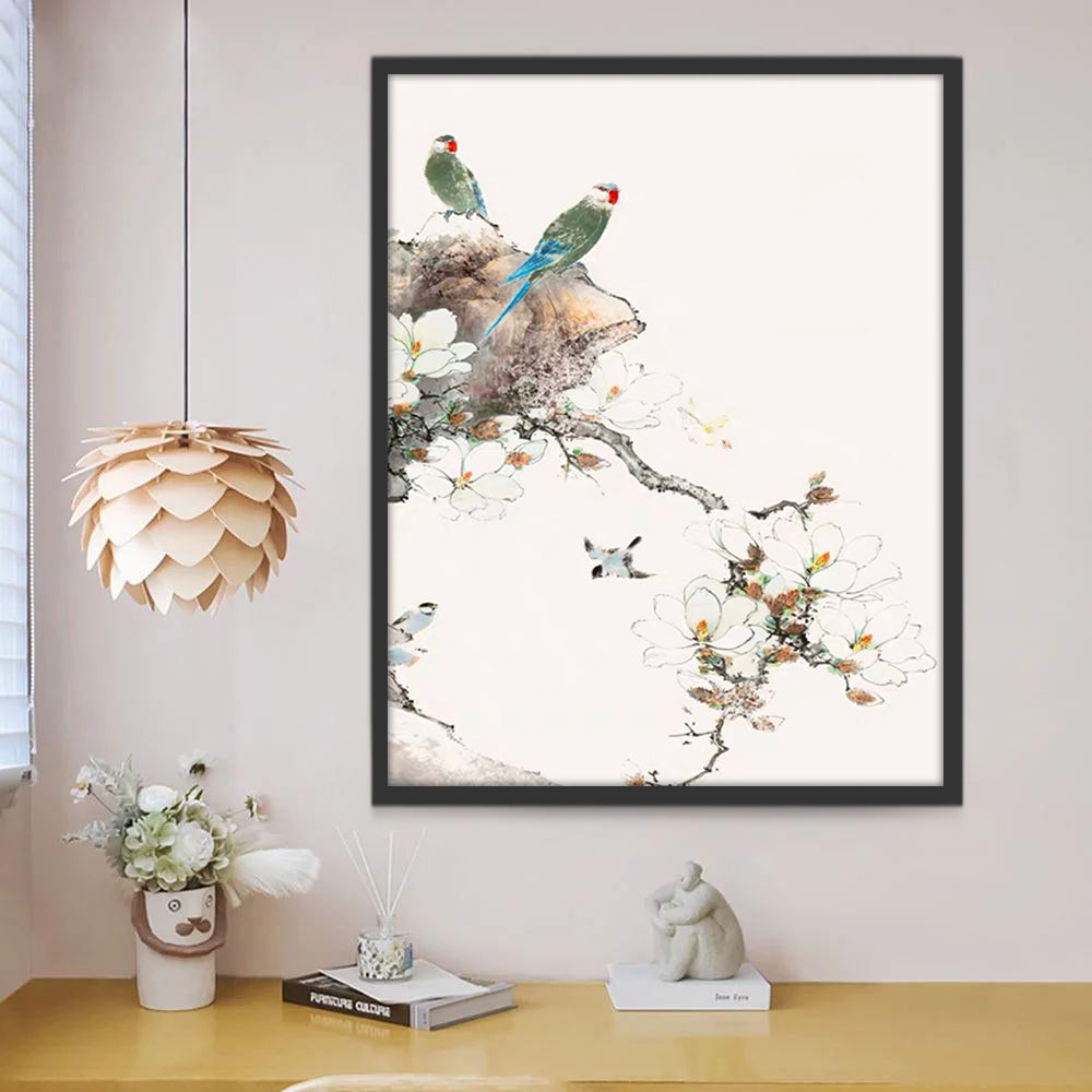 Les Perruches sur les Fleurs Blanches Peinture par Numéros
