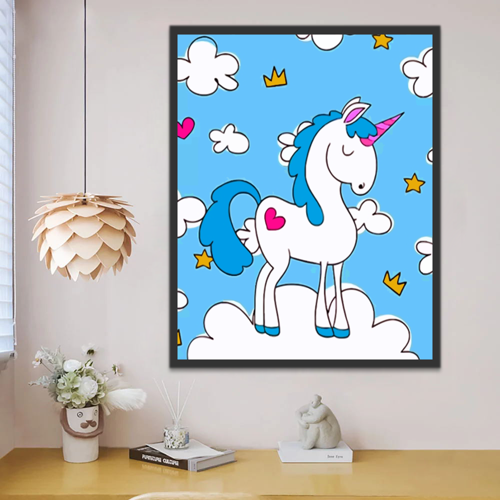 Licorne à la Crinière Bleue Cartoon Peinture par Numéros