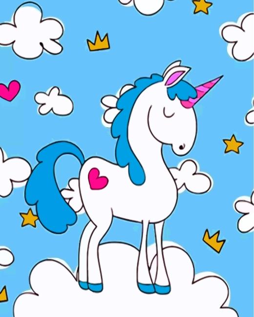 Licorne à la Crinière Bleue Cartoon Peinture par Numéros