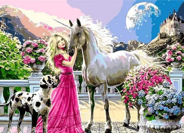 Licorne Chien et Fille Peinture par Numéros