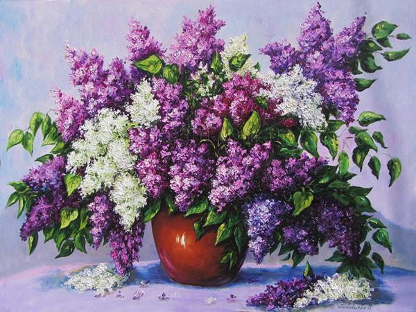 Lilas et Vase Rouge Peinture par Numéros