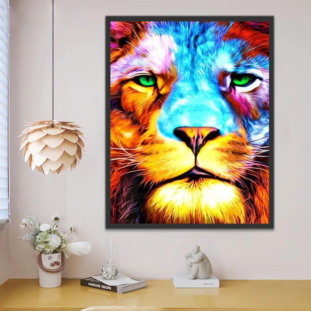 Lion aux Yeux Verts Coloré Peinture par Numéros