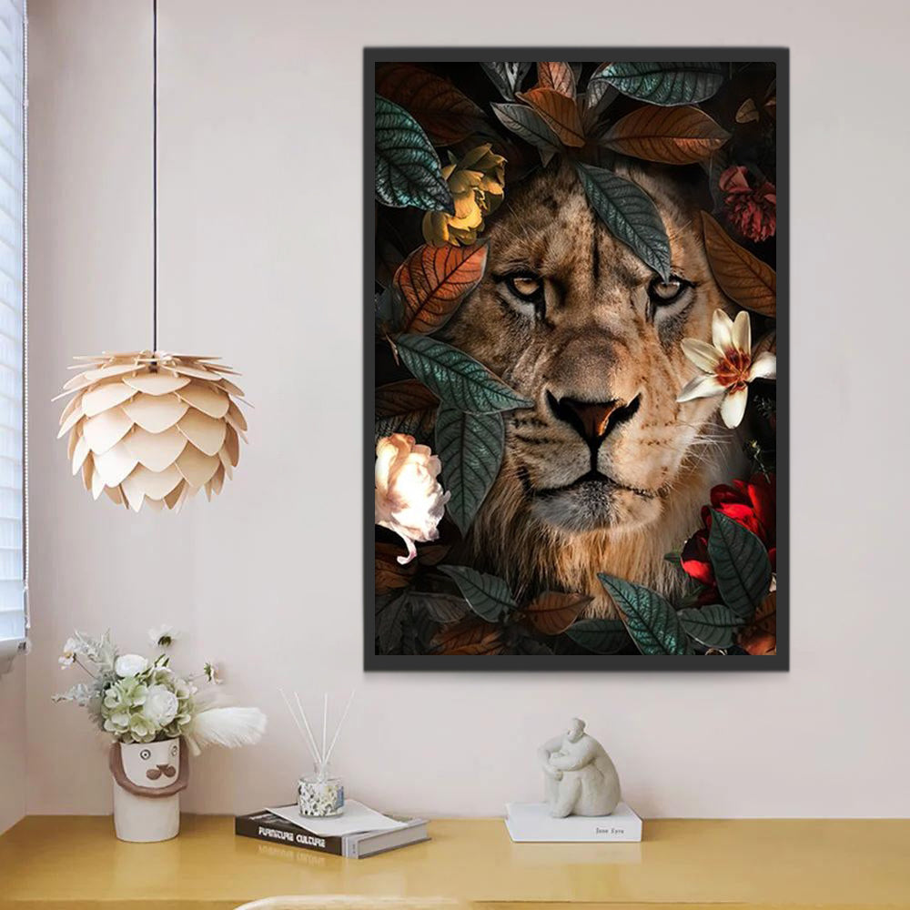Lion et Fleurs Blanches Peinture par Numéros