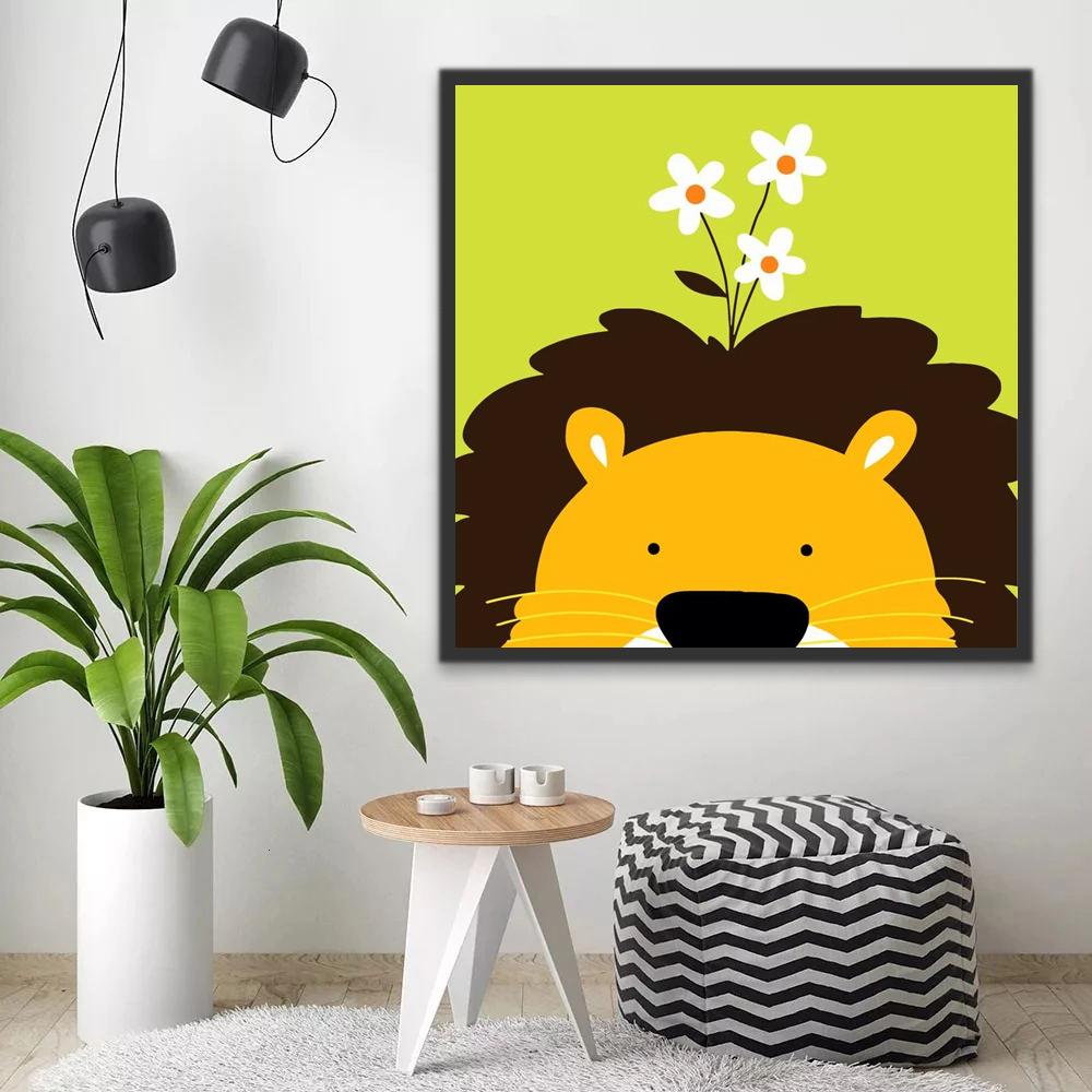 Lion et Fleurs Blanches sur la Tête Enfants Peinture par Numéros