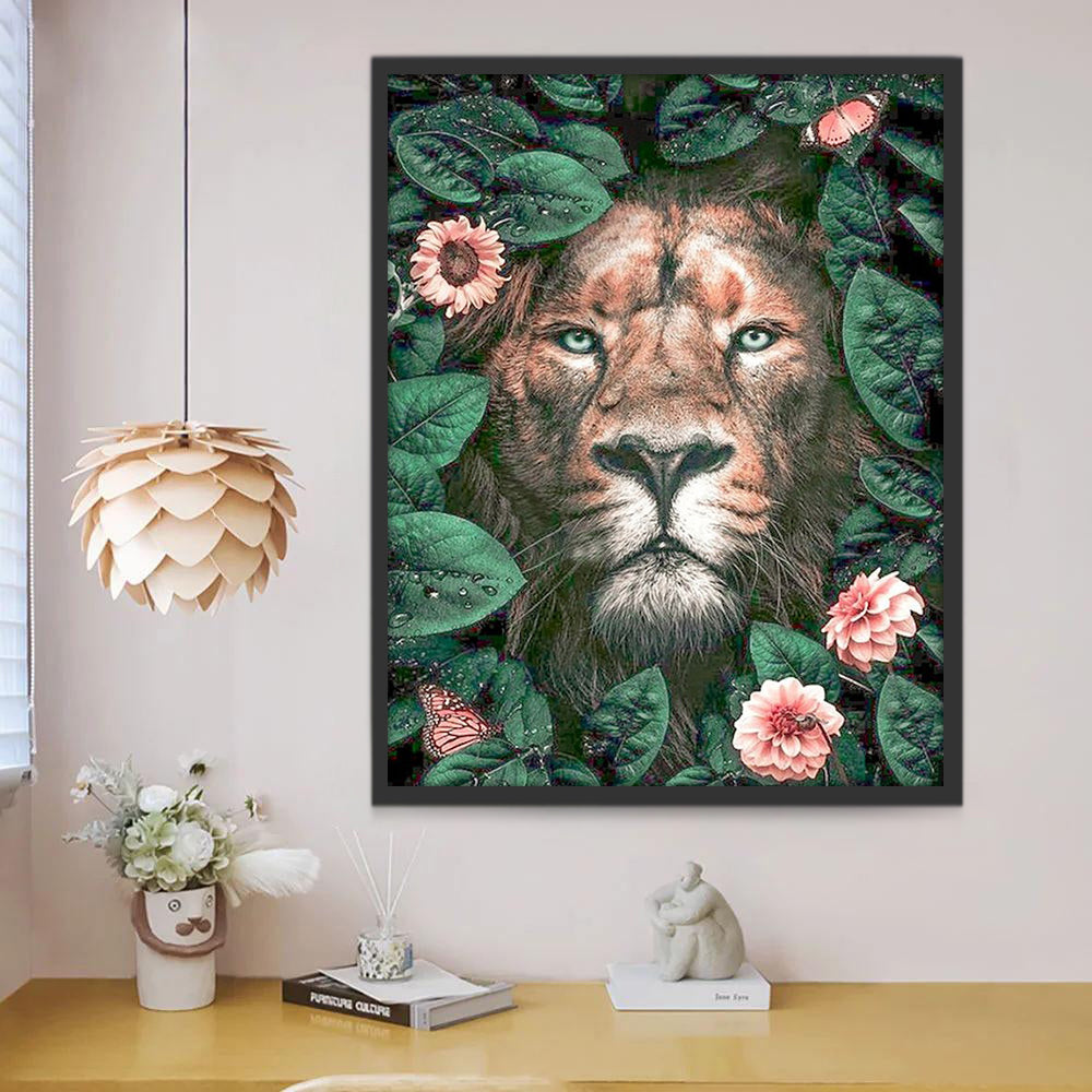 Lion et Marguerites Roses Peinture par Numéros