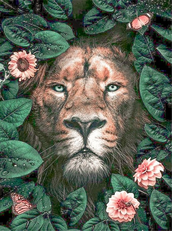 Lion et Marguerites Roses Peinture par Numéros