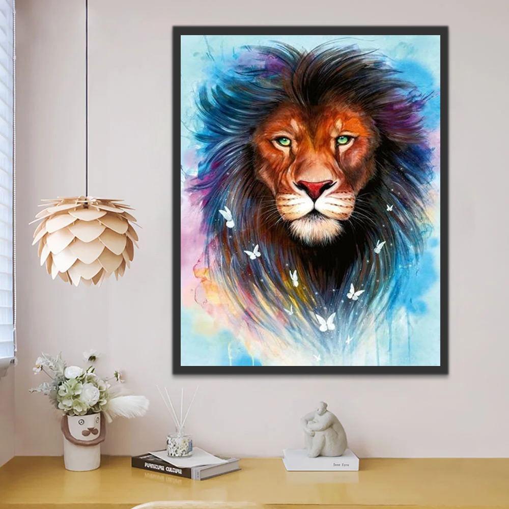 Lion et Papillons Blancs Peinture par Numéros