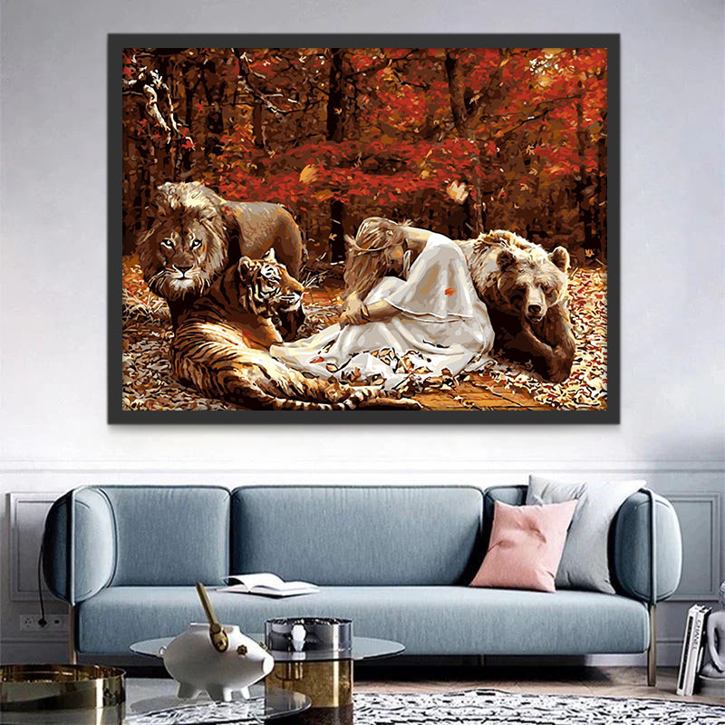 Lion, Tigre, Ours et Femme Peinture par Numéros