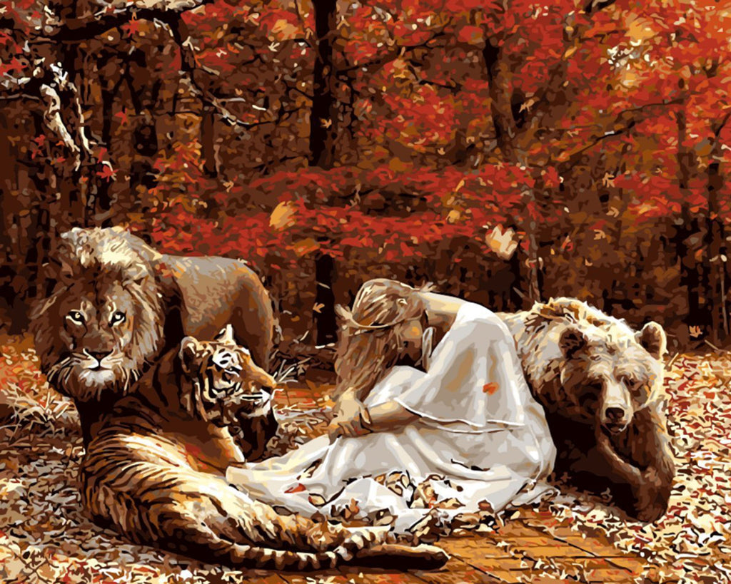 Lion, Tigre, Ours et Femme Peinture par Numéros