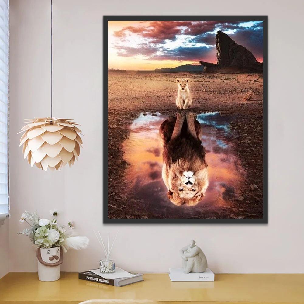 Lionceau et Grand Lion dans le Reflet Peinture par Numéros