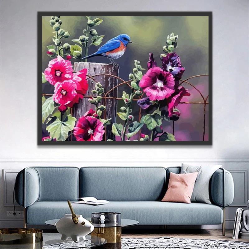 Liserons Roses et Mésange Peinture par Numéros