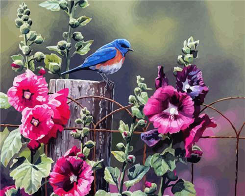 Liserons Roses et Mésange Peinture par Numéros