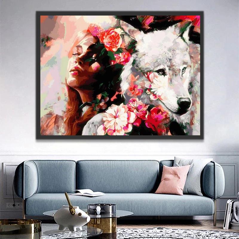 Loup Blanc et Fille avec des Fleurs Peinture par Numéros