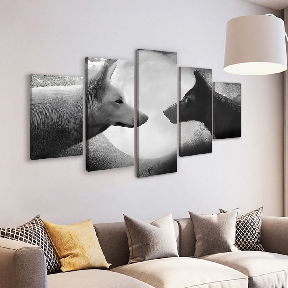 Loup Blanc et Loup Noir avec la Lune 5 Partie Peinture par Numéros