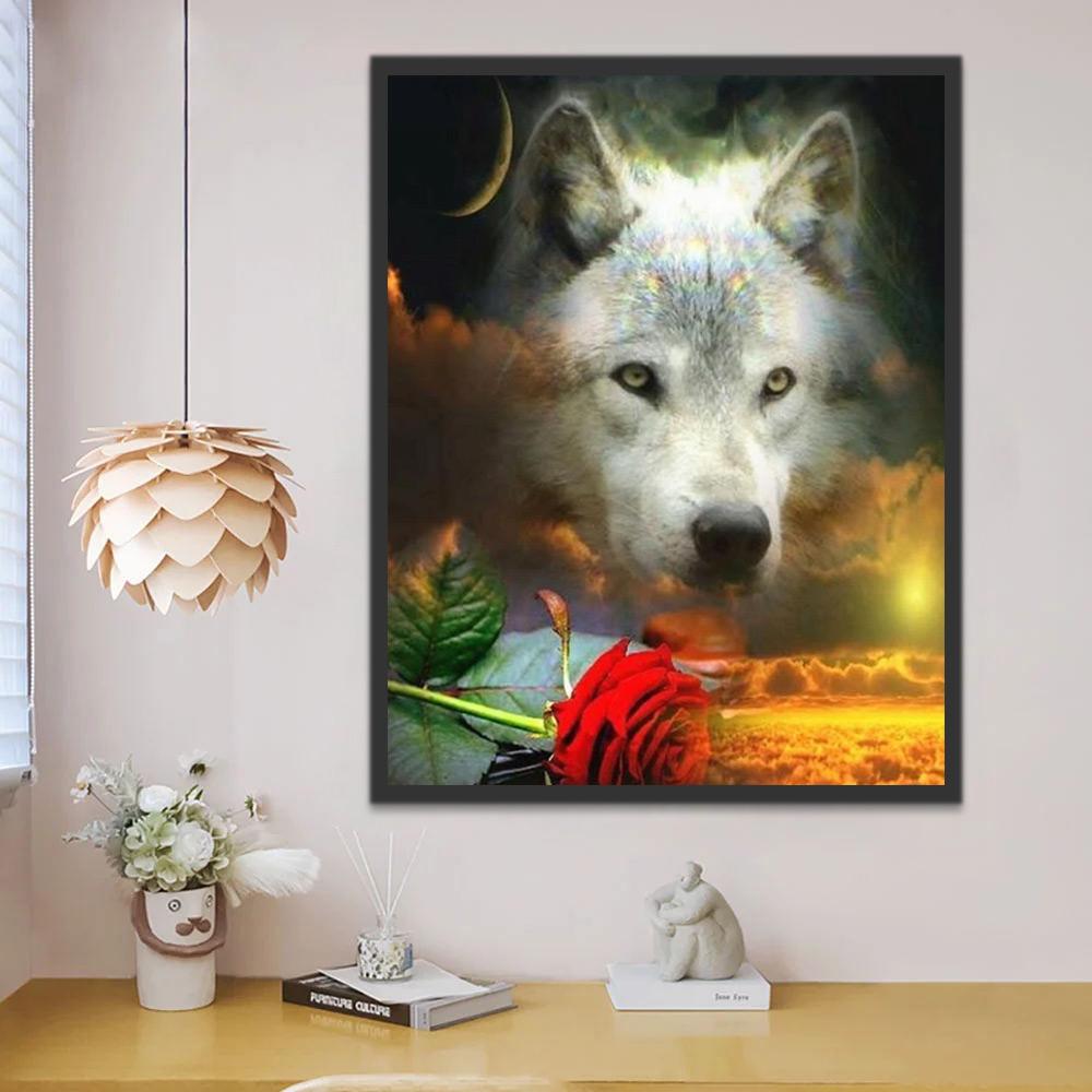 Loup Blanc et Rose Rouge Peinture par Numéros