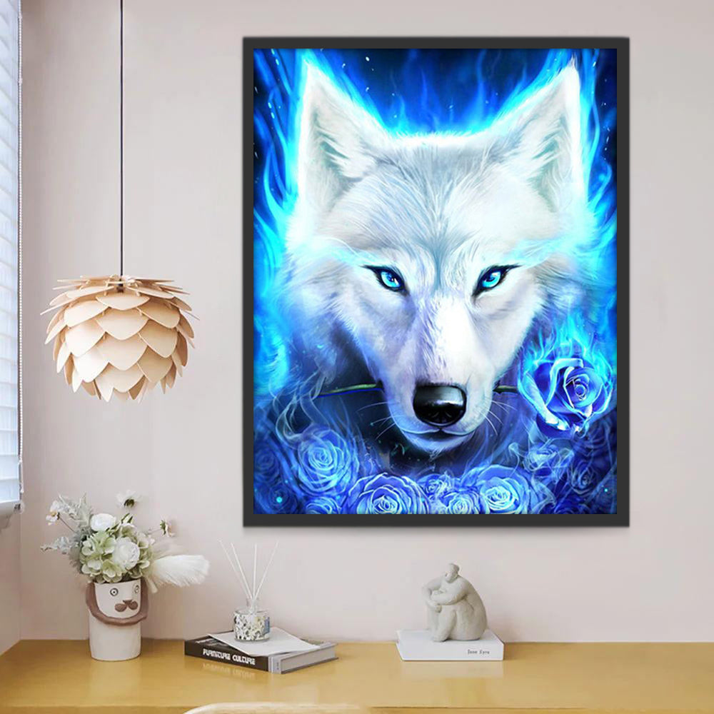 Loup Blanc et Roses Bleues Peinture par Numéros