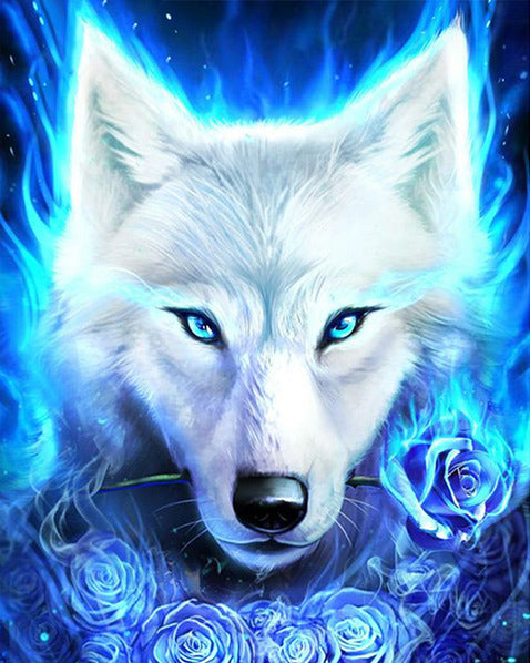 Loup Blanc et Roses Bleues Peinture par Numéros