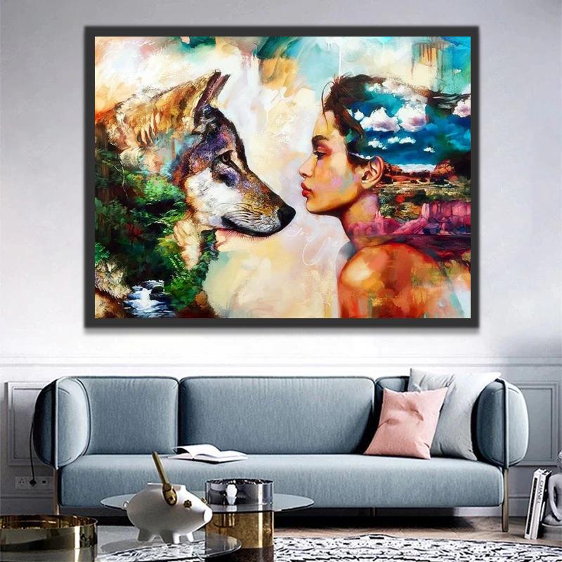 Loup et Femme Colorés Peinture par Numéros