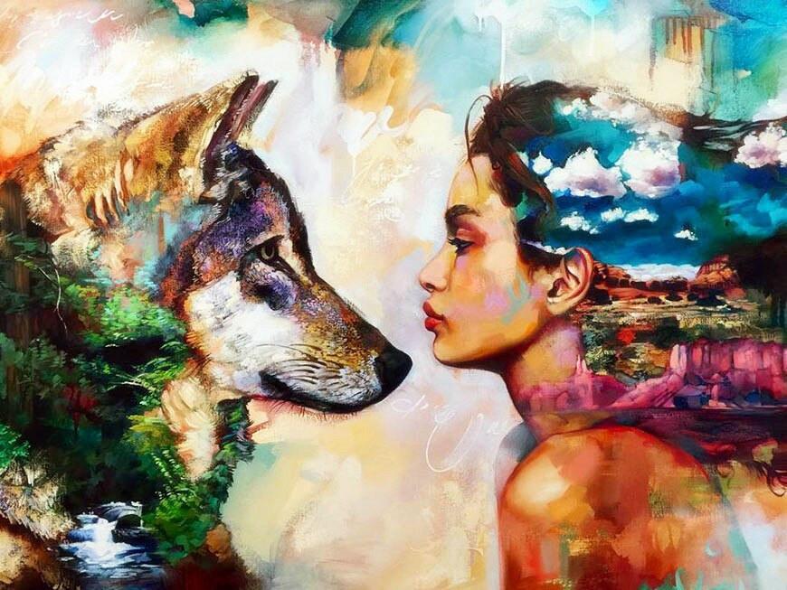 Loup et Femme Colorés Peinture par Numéros