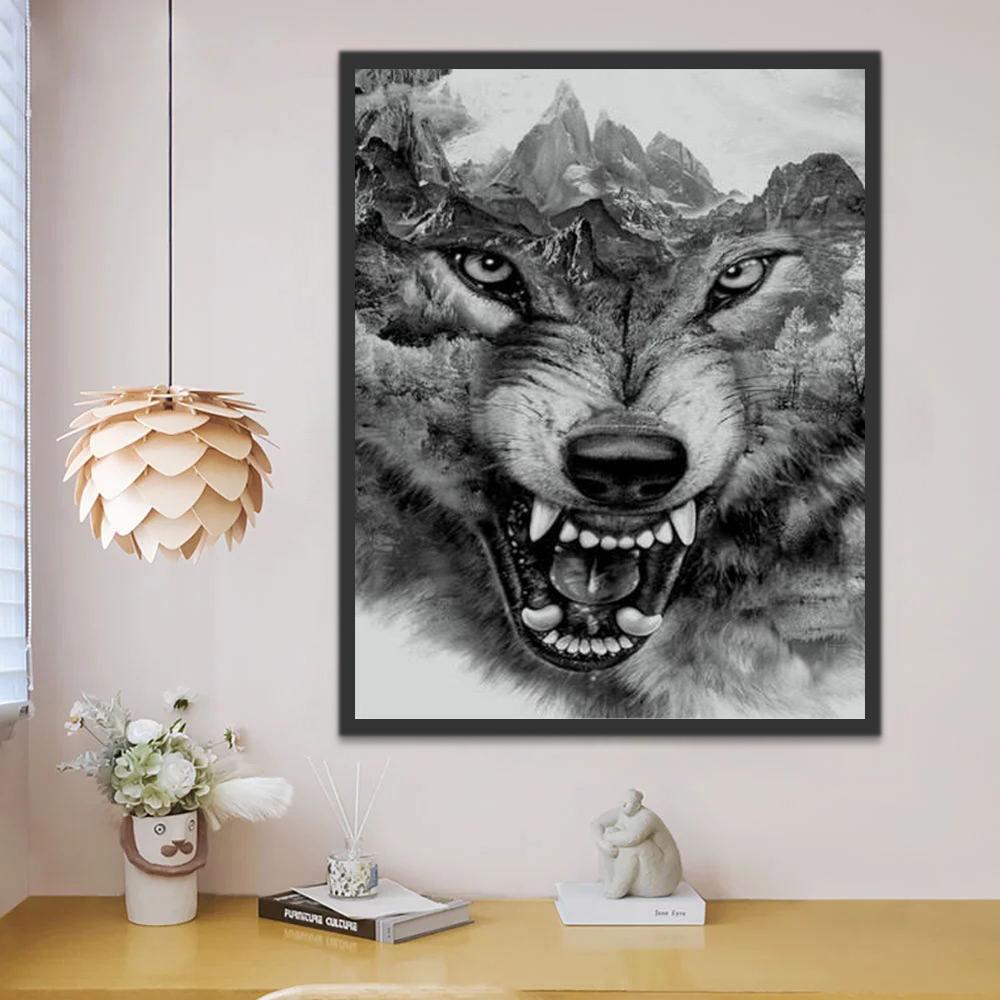 Loup Féroce et Montagne Peinture par Numéros