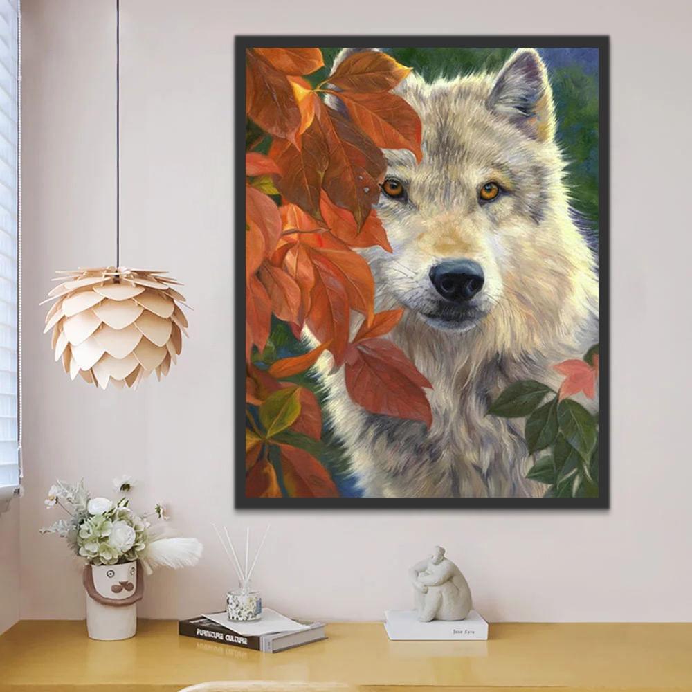 Loup Gris et Feuilles d'Automne Peinture par Numéros
