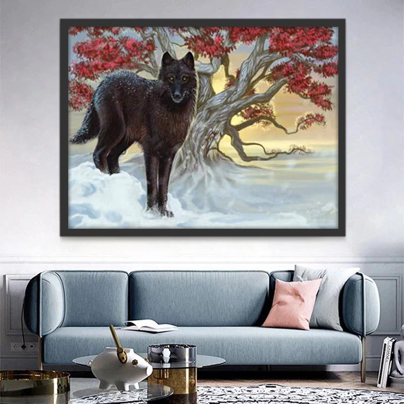 Loup Noir dans la Neige Peinture par Numéros