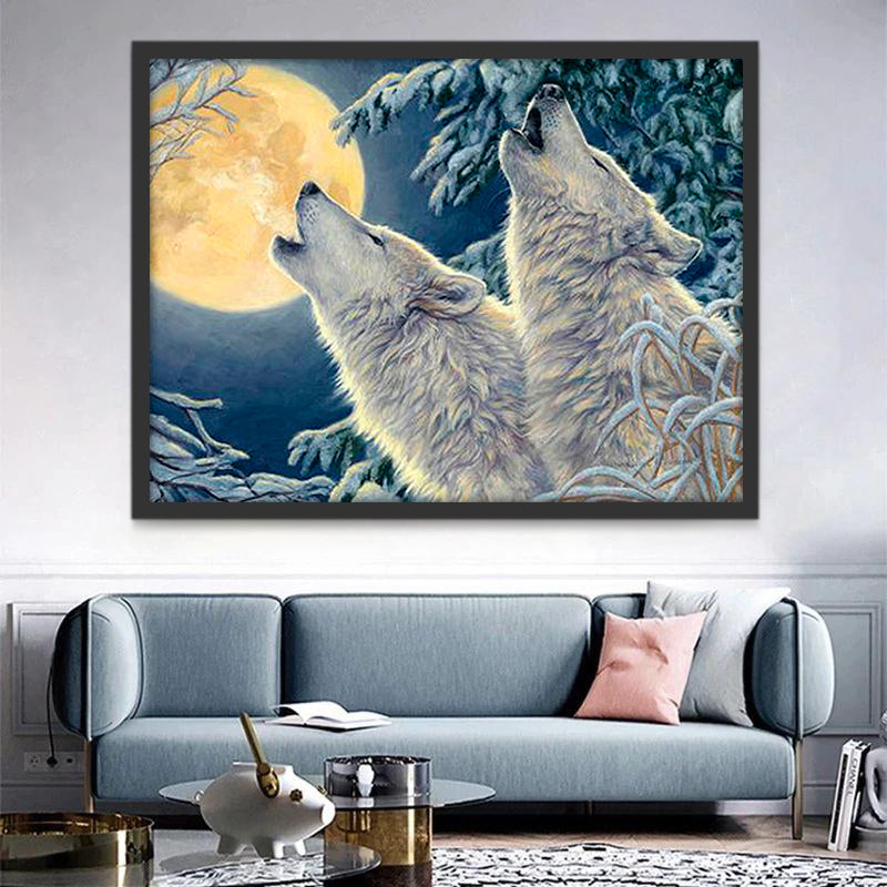 Loups Blancs Hurlant et Lune Peinture par Numéros