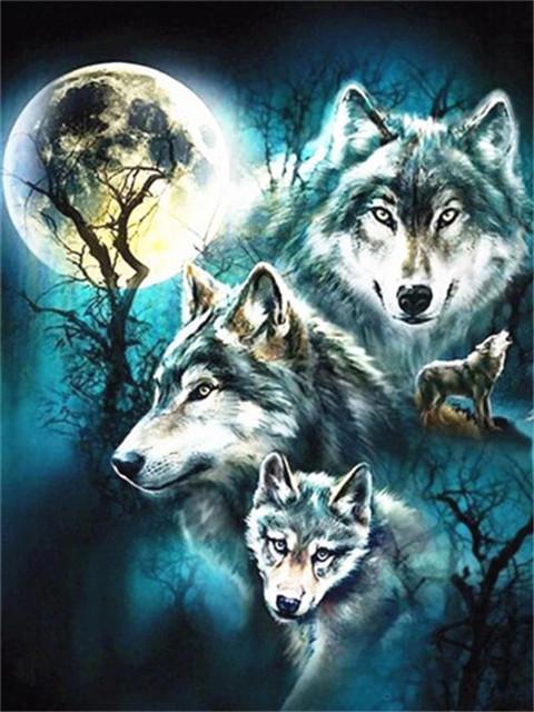 Loups dans la Nuit de Lune Peinture par Numéros