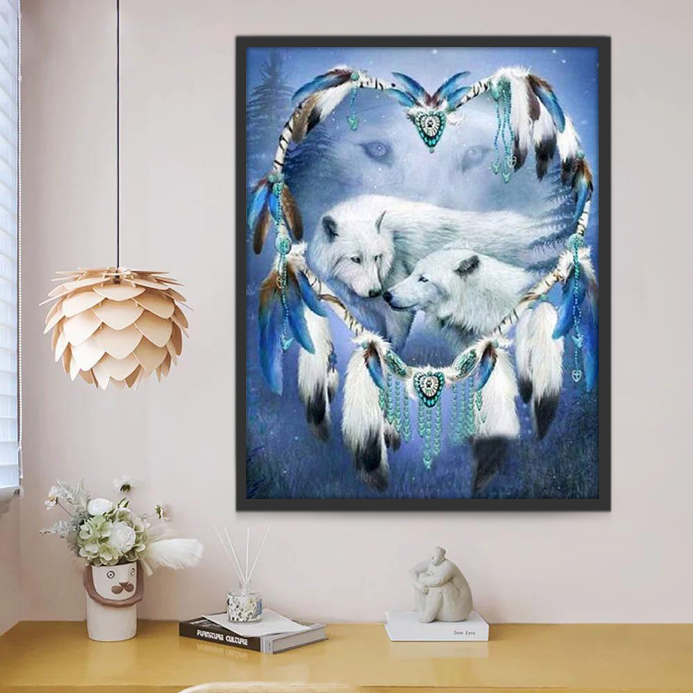 Loups de Neige et Capteur de Rêves en Forme de Coeur Peinture par Numéros