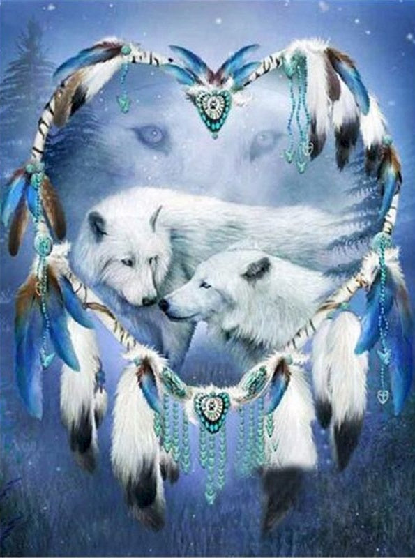 Loups de Neige et Capteur de Rêves en Forme de Coeur Peinture par Numéros