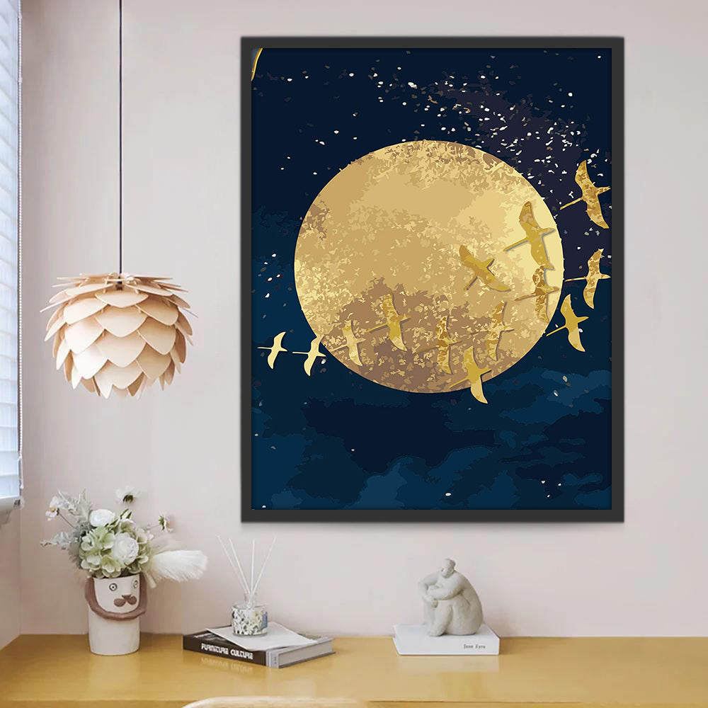 Lune et Oiseaux Dorés Peinture par Numéros